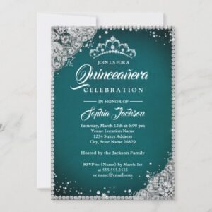 Shimmering Diamond Lace: Teal and Silver Quinceañera Invitation