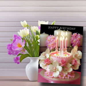 Charming Birthday Delight: A Cake adorned with Pink Candles and Delicate Flowers, accompanied by a Thoughtful Card