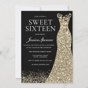 Enchanting Black Gold Dress Sweet 16 Birthday Party Invitation