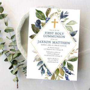 Elegant Blue Accents Communion Invitation for Boys