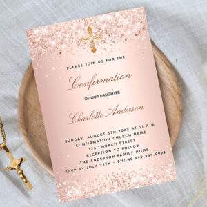 Confirmation Rose Gold Glitter Dust Cross Invitation