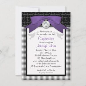 Grand Celebration: Purple First Holy Confirmation Invitation with Printed Bows